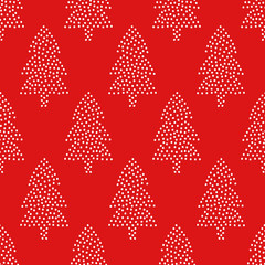 Simple seamless Christmas pattern - Xmas trees on red background. Happy New Year background. Vector winter holidays design for textile, wallpaper, fabric, wallpaper.