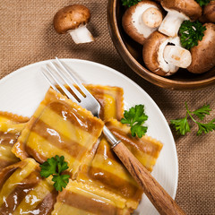 Portabella Mushroom Cheese Ravioli. Selective and soft focus.