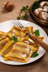 Portabella Mushroom Cheese Ravioli. Selective and soft focus.