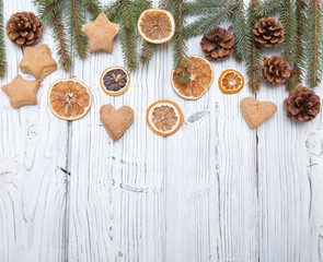 Christmas decoration on old grunge wooden board