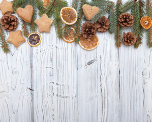 Christmas decoration on old grunge wooden board