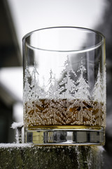 Holiday Theme Glass with whiskey on Frozen fence post