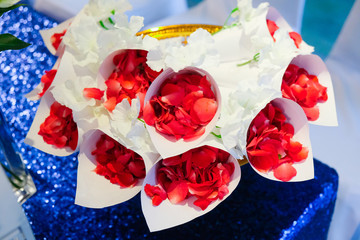 Red rose in white funnel paper on blue