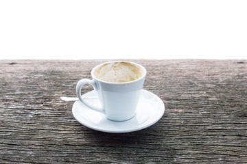 empty coffee cup on wood texture grunge texture background .