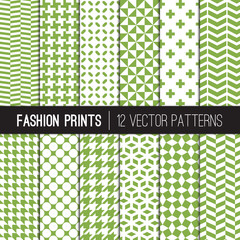 Green and White Fashion Textile Vector Patterns in Greenery - 2017 Color of the Year. Houndstooth, Herringbone, Triangle, Cross, Dots, Chevron. Tile Swatches Made with Global Colors.