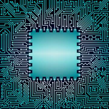 Motherboard background with chip of blue and black shades