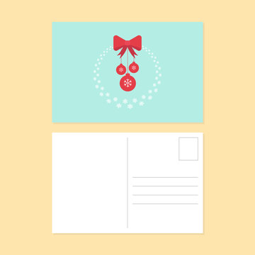 Happy new year and merry christmas postcard flat design