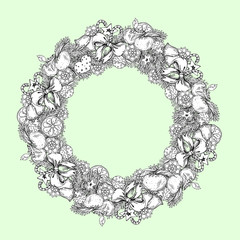 hand drawn ink Christmas wreath with bow, bump, tangerine, fir branches, snowflakes, New year decorations. design for adults, poster, print. sketch. vector eps 8