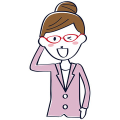 線画の淡いスーツのキャリアウーマン　赤いめがね　上半身　照れる