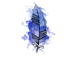 handgezeichnete Feder auf Wasserfarben Hintergrund, illustrative Zeichnung