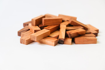 Wood block Stack tower game for children playing on wooden table with copyspace, Learning and Education background concept