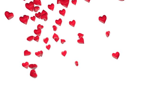 Rain of red hearts over white backgrounds. 3D heart shapes falling. Valentine’s day, love.
