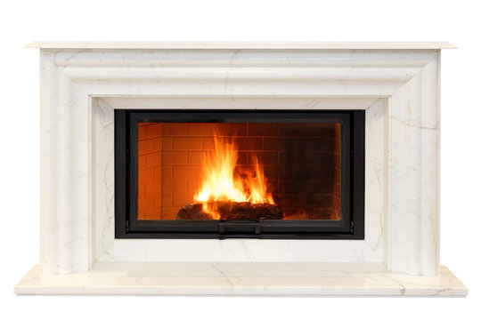 classic fireplace of white Italian marble. Isolated on white