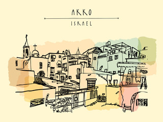 Akko, Israel. Travel sketch. Vintage artistic hand hand drawn postcard or poster