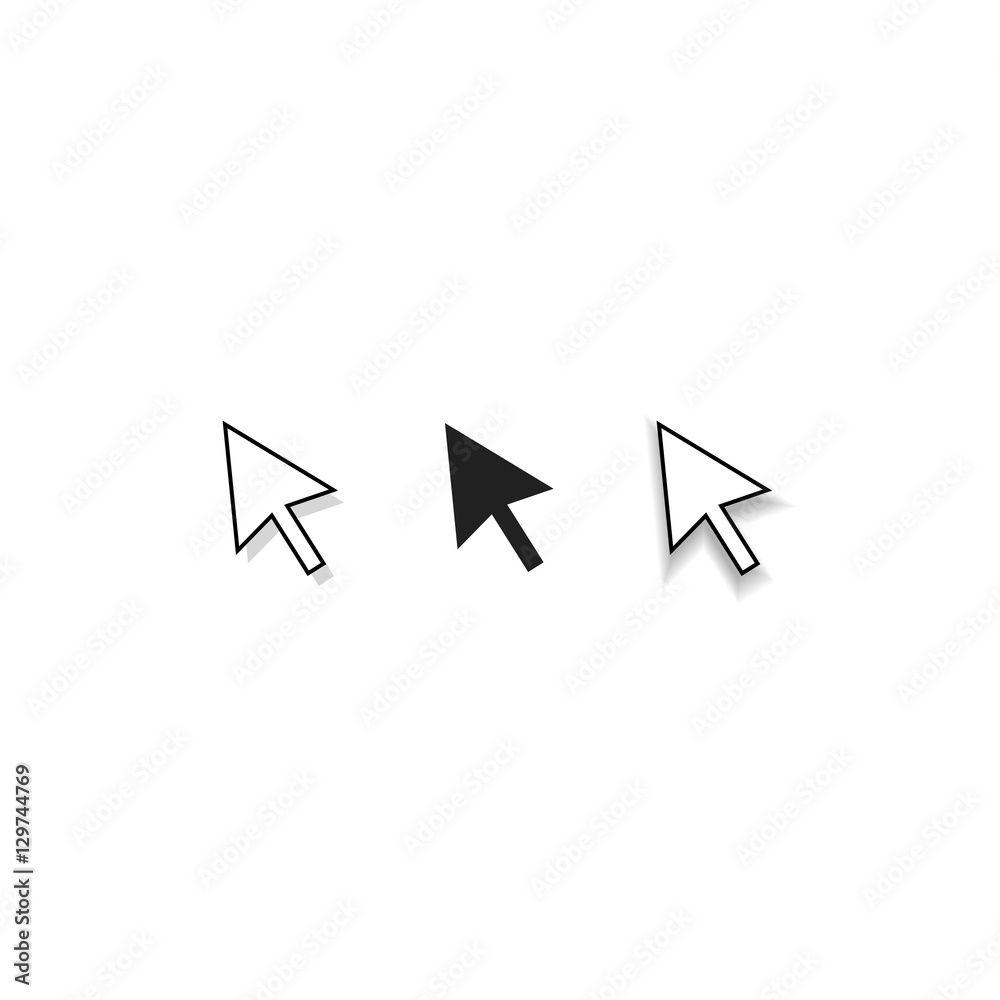Poster mouse cursor pointer vector icons on white background, direction black and white arrows with shadow