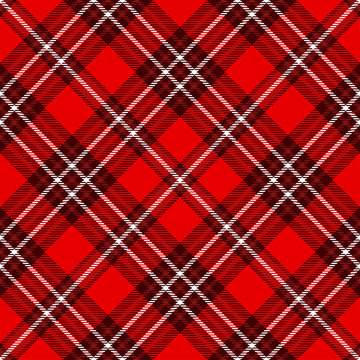 Seamless tartan plaid pattern. Checkered fabric texture print in white & dark red stripes on bright red background. 