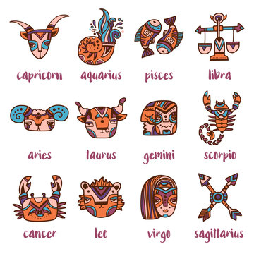 Set of doodle style zodiac signs. Funny Horoscope. Vector illustration