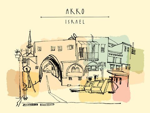 Akko, Israel. Grungy brush ink hand drawing . Vintage travel postcard