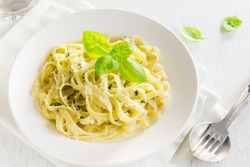 Tagliatelle pasta with pesto sauce