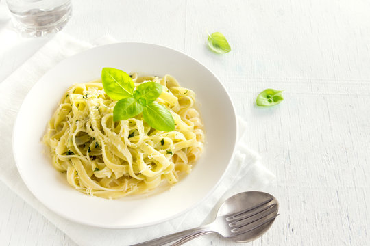 Tagliatelle pasta with pesto sauce