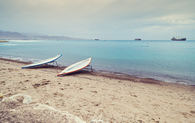 Winter morning at sandy beach of Eilat - famous resort and recreation city in Israel