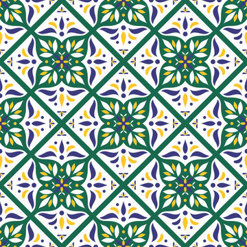 Tiles pattern vector with diagonal ornaments. Portuguese azulejo, mexican talavera, spanish, italian majolica or arabic motifs.
