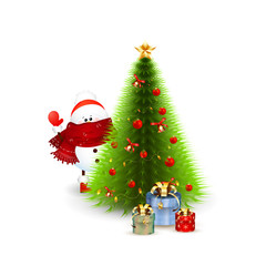 Cute snowman hides behind the christmas tree isolated on white background. Vector illustration