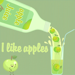 Apple juice pouring from bottle into glass. Fun apples in the glass.