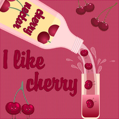 Cherry juice poured from the bottle into the glass. Cheerful cherries in the glass.