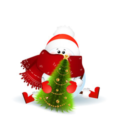 Cute snowman with scarf, red santa claus hat and holding a christmas tree isolated on white background. Vector illustration