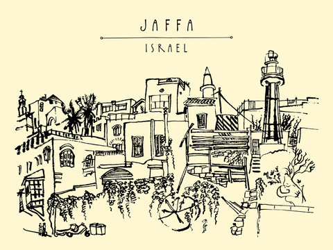 Artistic illustration of Jaffa (Yafo), Tel Aviv, Israel. Lighthouse, houses and trees. Travel sketch. Grungy black ink brush drawing. Postcard or poster
