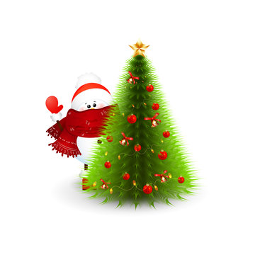 Cute snowman hides behind the christmas tree isolated on white background. Vector illustration