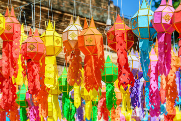 Naklejka premium Festive hanging lanterns, Yee Peng Festival, Chiang Mai, Thailan