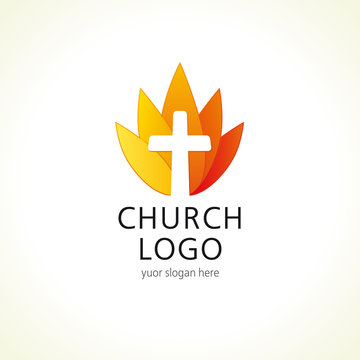 Cross on fire christian church logo. Vector icon for churches, christian organizations, bible colleges and conferences. Fire sign in a shape of water lily flower.