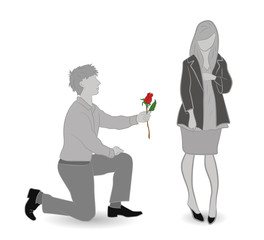 The guy gives the girl a flower standing on his knee. St. Valentine's Day. vector illustration