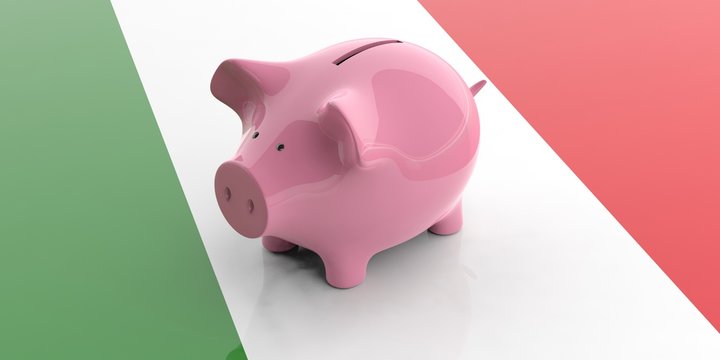 Pink piggy bank on Italy flag. 3d illustration