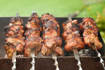 Appetizing fresh meat shish kebab (shashlik) prepared on a grill