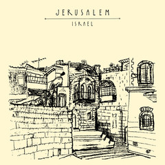 Jerusulaem old town. Hand drawn postcard