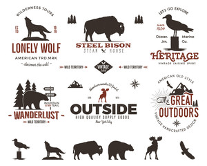Wild animal badges set and outdoors activity insignias. Retro illustration of  . Typography camping style. Vector   logos with letterpress effect. Custom explorer quotes. Rough © jeksonjs