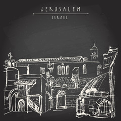 Jerusalem, Israel. Handmade chalk drawing on black chalkboard. Travel sketch. Hand drawn touristic postcard, poster, calendar or book illustration. Jerusalem city view postcard