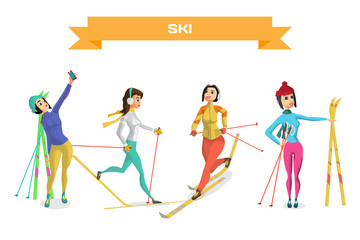 Set pretty young women on cross country skiing on isolated backg