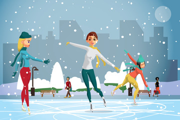 Winter sports. Figures Skating. Women skating at the rink in the