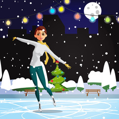 Winter sports. Lady Figure Skating. Woman skating at the rink in