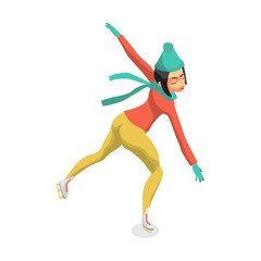 Winter sports. Cartoon skating woman training. Girl makes a diff