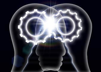 噛みあう二つの歯車と人物のシルエットの背景に光が差し込む階段