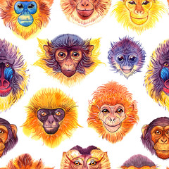 Watercolor seamless pattern with different monkeys