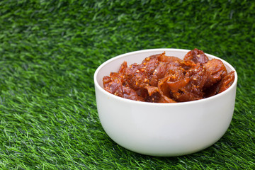 Dried pork fried in the bowl