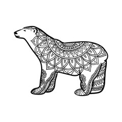 stylized Polar Bear illustration in zentangle doodle style, ethnic ornament, unique hand drawn design for print, clothing, greeting cards, banners, antistress coloring page for adult and other