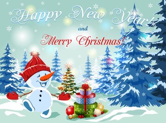Christmas background with a fairy-tale forest and snowman with gifts