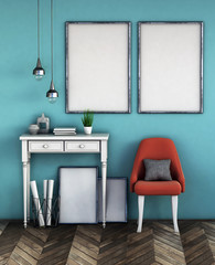 mock up poster frame on blue wall interior background, Modern atelier concept. 3D rendering illustration